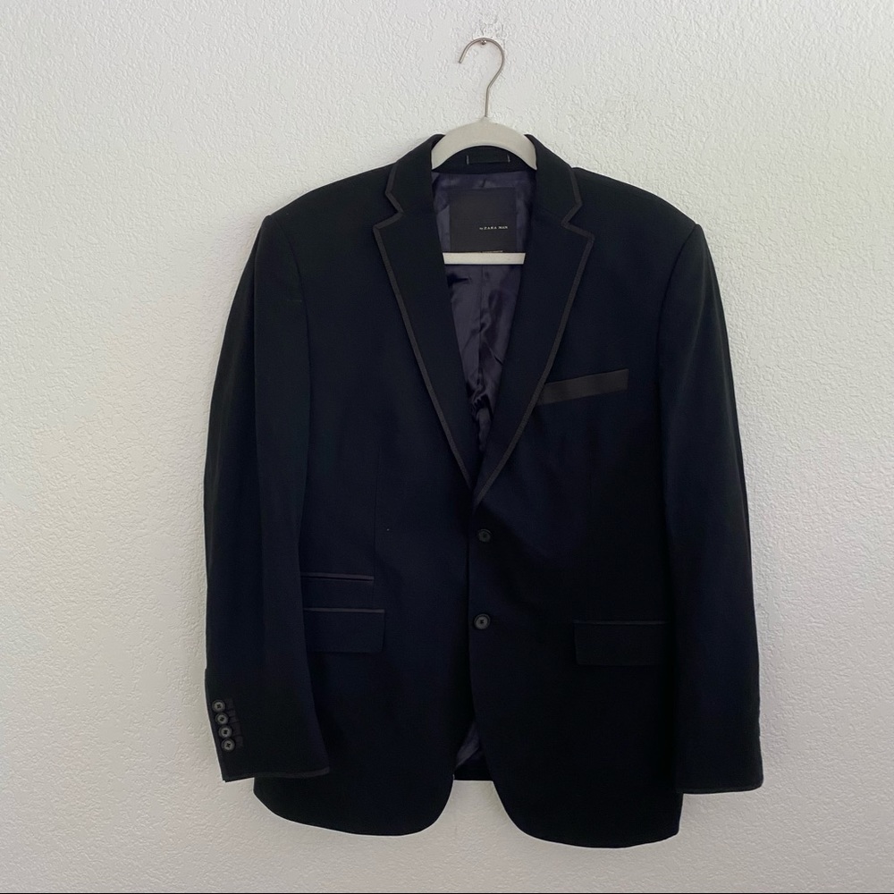 ZARA Men’s Black Tie Long-Sleeve Luxury Viscose Wool Tuxedo Blazer Suit Jacket